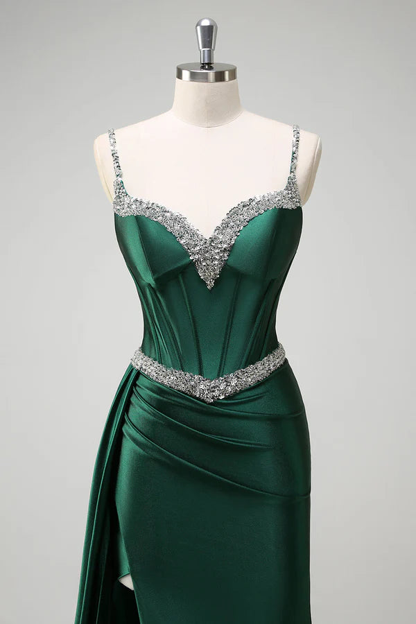 Sparkly Dark Green Mermaid Side Streamer Sequined Corset Satin Prom Dress with Slit simple gentle atmospheric and unique desi