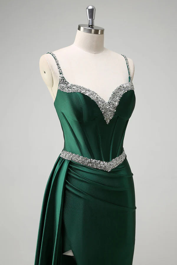 Sparkly Dark Green Mermaid Side Streamer Sequined Corset Satin Prom Dress with Slit simple gentle atmospheric and unique desi
