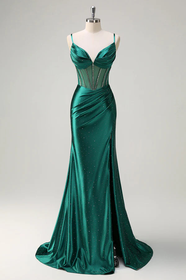 Sparkly Dark Green Mermaid Spaghetti Straps Corset Beaded Long Prom Dress with Slit simple gentle atmospheric and unique desi