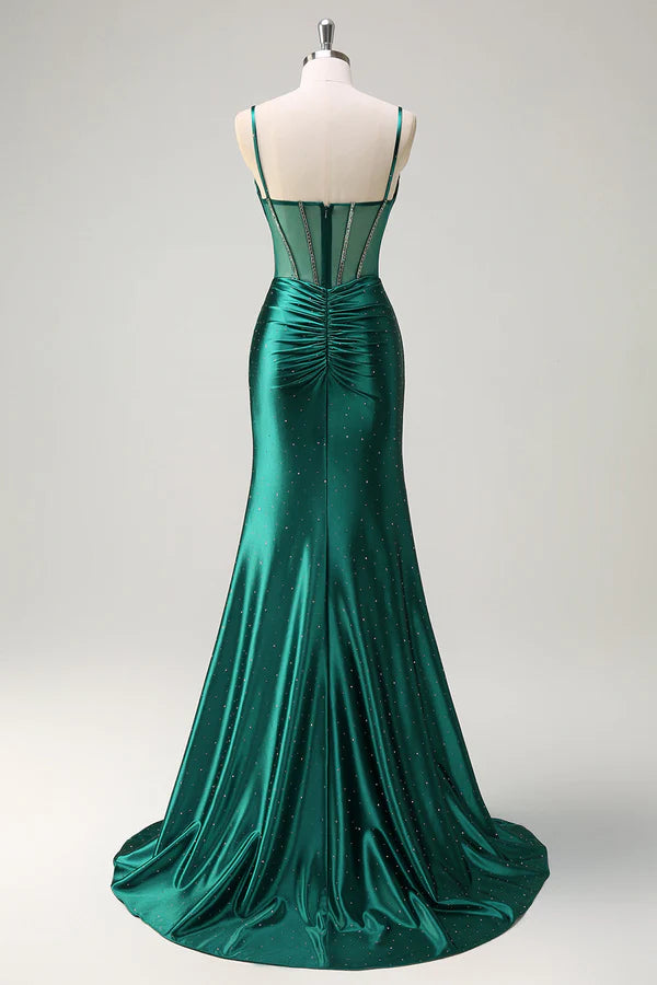 Sparkly Dark Green Mermaid Spaghetti Straps Corset Beaded Long Prom Dress with Slit simple gentle atmospheric and unique desi