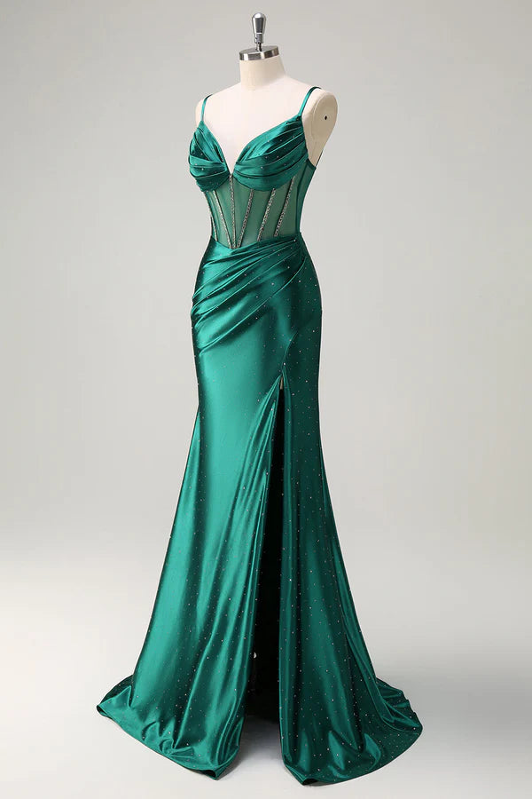 Sparkly Dark Green Mermaid Spaghetti Straps Corset Beaded Long Prom Dress with Slit simple gentle atmospheric and unique desi