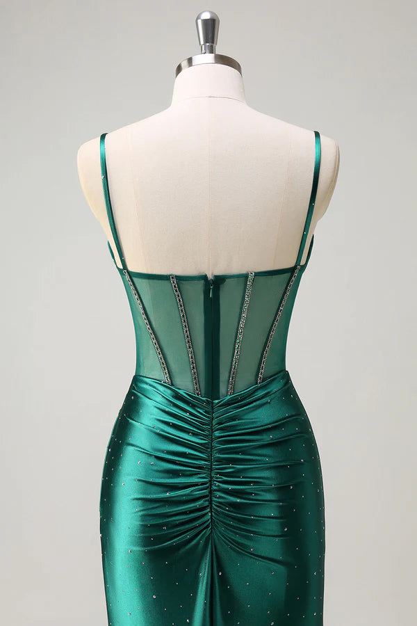 Sparkly Dark Green Mermaid Spaghetti Straps Corset Beaded Long Prom Dress with Slit simple gentle atmospheric and unique desi