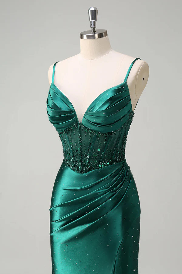 Sparkly Dark Green Mermaid Spaghetti Straps Corset Beaded Prom Dress with Slit simple gentle atmospheric and unique desi