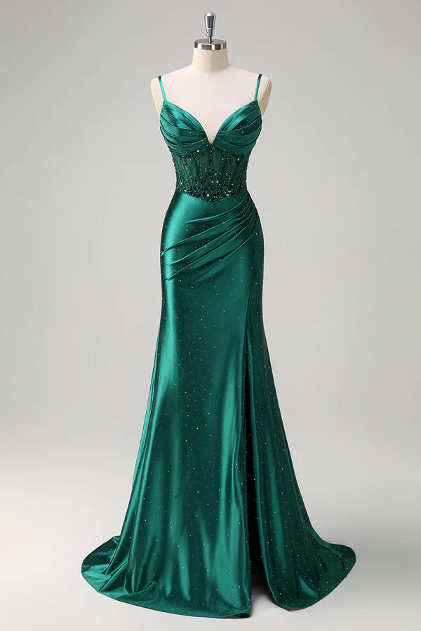 Sparkly Dark Green Mermaid Spaghetti Straps Corset Beaded Prom Dress with Slit simple gentle atmospheric and unique desi