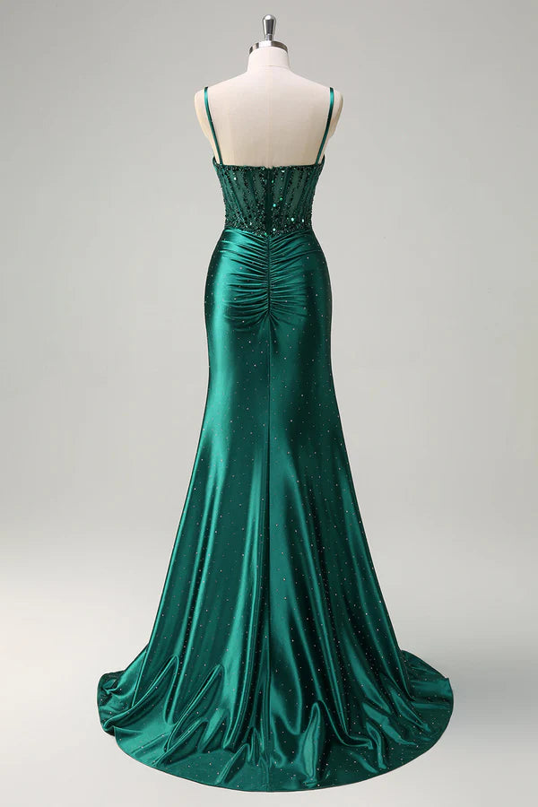Sparkly Dark Green Mermaid Spaghetti Straps Corset Beaded Prom Dress with Slit simple gentle atmospheric and unique desi
