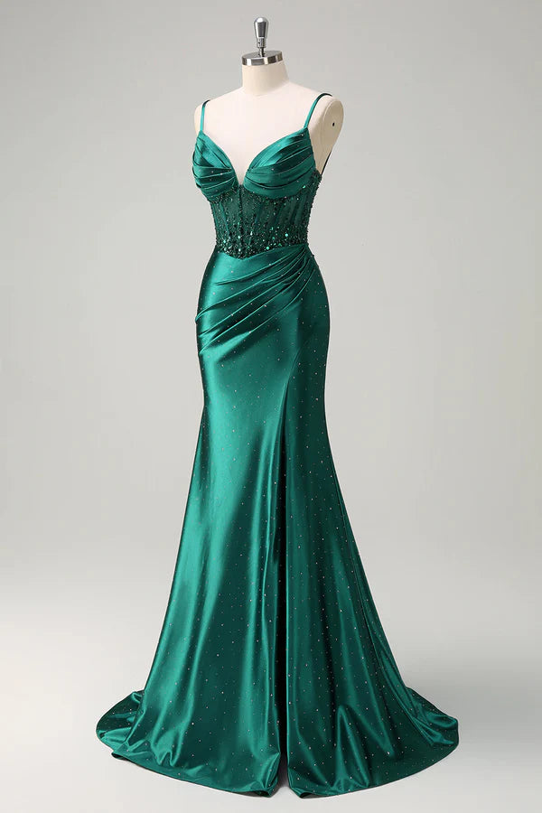 Sparkly Dark Green Mermaid Spaghetti Straps Corset Beaded Prom Dress with Slit simple gentle atmospheric and unique desi