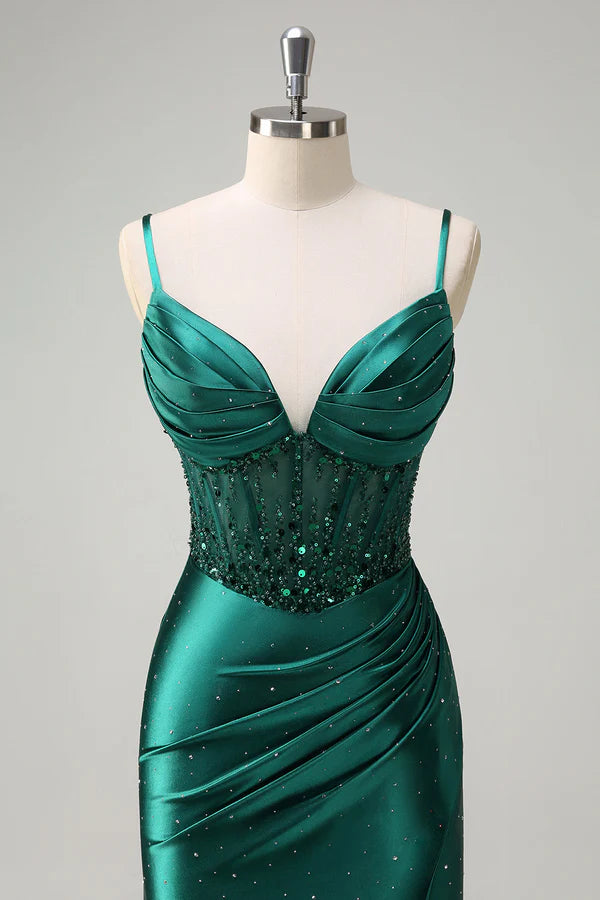 Sparkly Dark Green Mermaid Spaghetti Straps Corset Beaded Prom Dress with Slit simple gentle atmospheric and unique desi