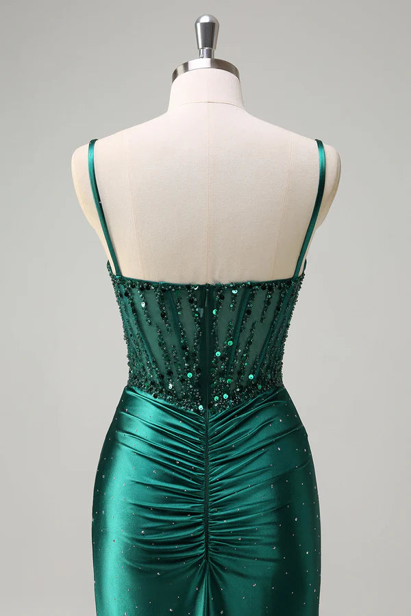 Sparkly Dark Green Mermaid Spaghetti Straps Corset Beaded Prom Dress with Slit simple gentle atmospheric and unique desi