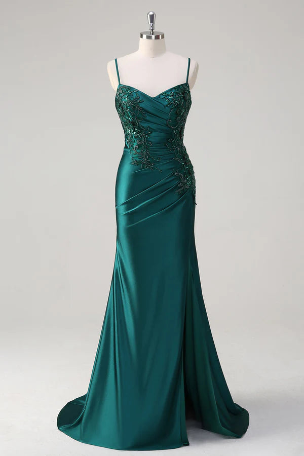 Sparkly Dark Green Mermaid Spaghetti Straps Prom Dress simple gentle atmospheric and unique desi