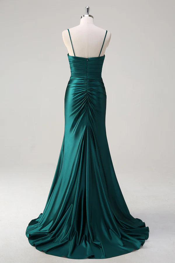Sparkly Dark Green Mermaid Spaghetti Straps Prom Dress simple gentle atmospheric and unique desi