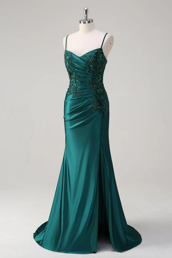 Sparkly Dark Green Mermaid Spaghetti Straps Prom Dress simple gentle atmospheric and unique desi