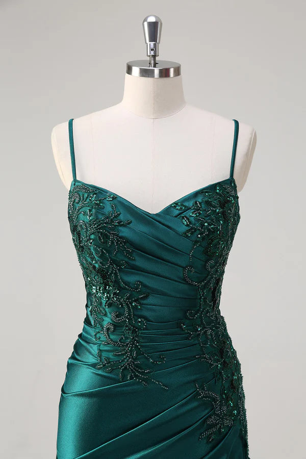 Sparkly Dark Green Mermaid Spaghetti Straps Prom Dress simple gentle atmospheric and unique desi