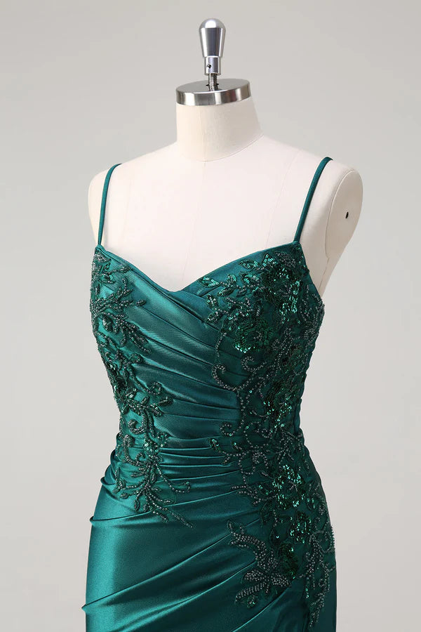 Sparkly Dark Green Mermaid Spaghetti Straps Prom Dress simple gentle atmospheric and unique desi