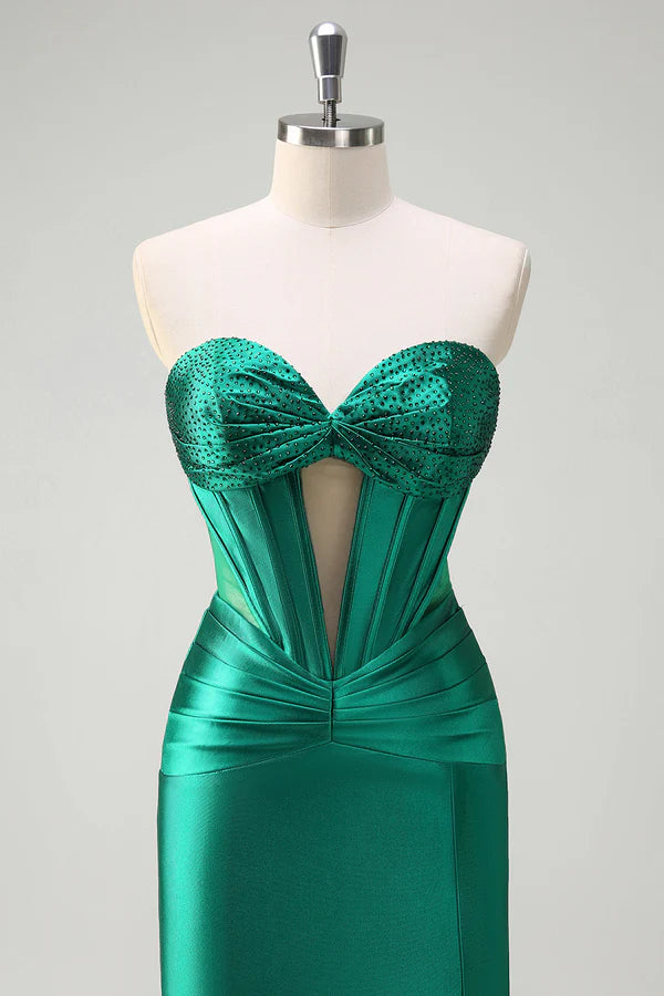 Sparkly Dark Green Mermaid Strapless Beaded Corset Ruched Satin Prom Dress with Slit simple gentle atmospheric and unique desi Bring summer colors to enhance whiteness