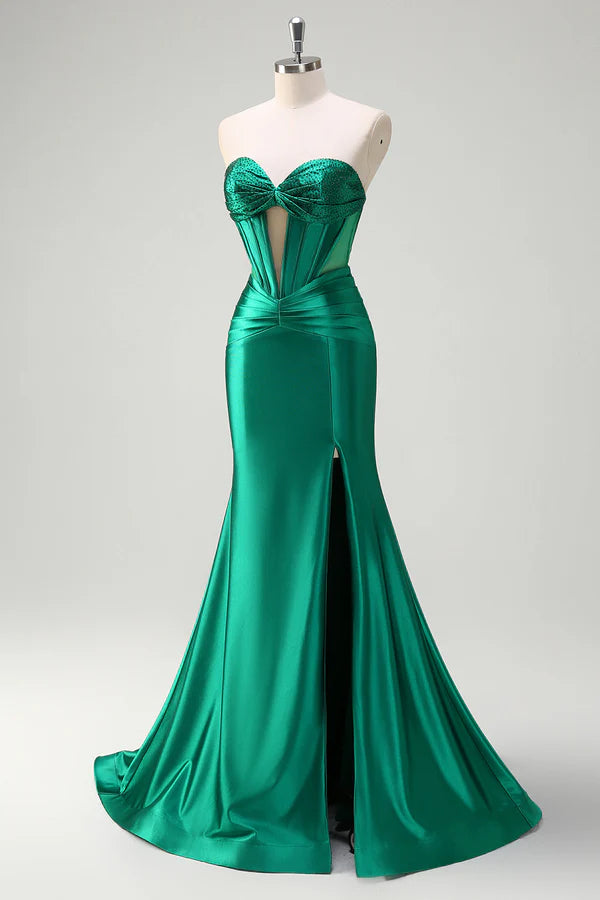 Sparkly Dark Green Mermaid Strapless Beaded Corset Ruched Satin Prom Dress with Slit simple gentle atmospheric and unique desi Bring summer colors to enhance whiteness