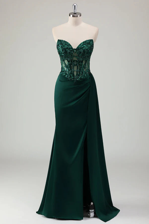Sparkly Dark Green Mermaid Sweetheart Corset Long Prom Dress with Slit simple gentle atmospheric and unique desi