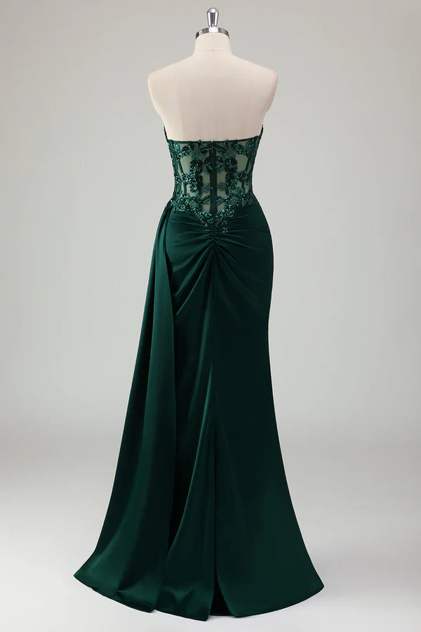 Sparkly Dark Green Mermaid Sweetheart Corset Long Prom Dress with Slit simple gentle atmospheric and unique desi