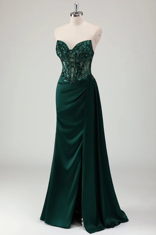 Sparkly Dark Green Mermaid Sweetheart Corset Long Prom Dress with Slit simple gentle atmospheric and unique desi