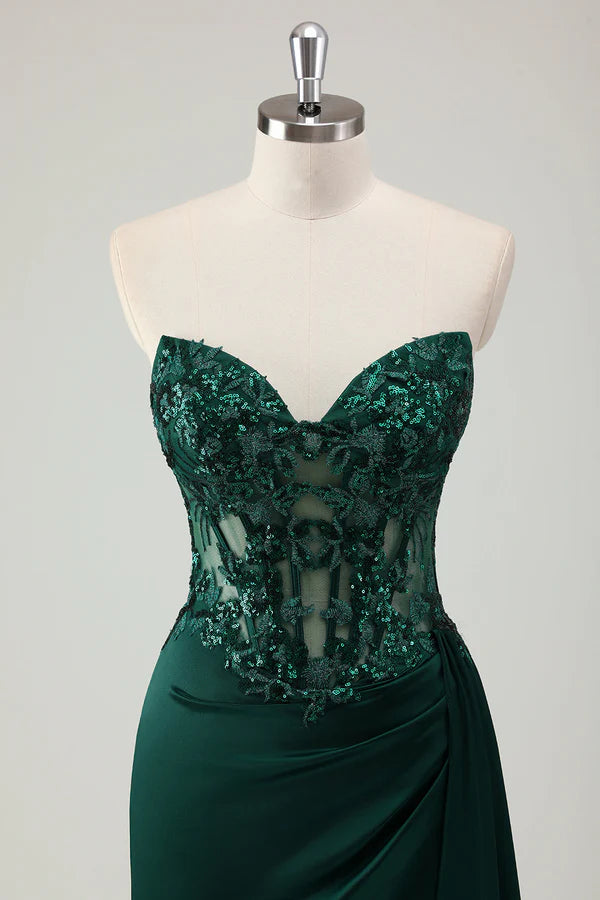 Sparkly Dark Green Mermaid Sweetheart Corset Long Prom Dress with Slit simple gentle atmospheric and unique desi