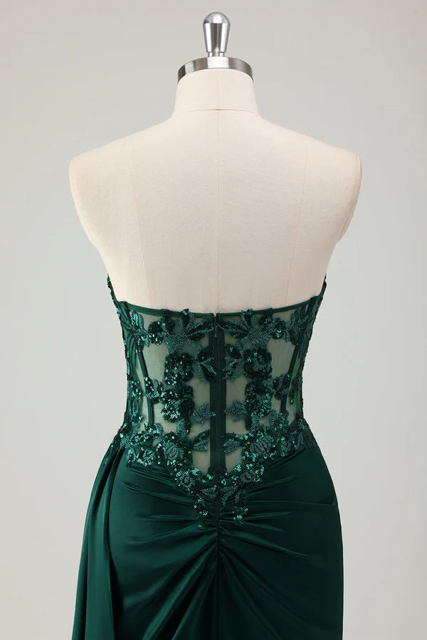 Sparkly Dark Green Mermaid Sweetheart Corset Long Prom Dress with Slit simple gentle atmospheric and unique desi