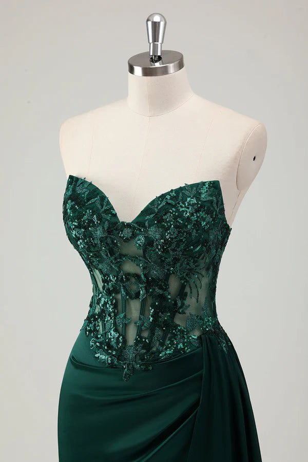Sparkly Dark Green Mermaid Sweetheart Corset Long Prom Dress with Slit simple gentle atmospheric and unique desi