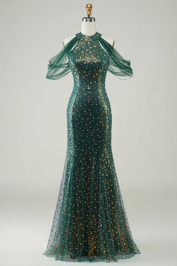 Sparkly Dark Green Sequin Mermaid Long Prom Dress Simple gentle atmospheric and unique design