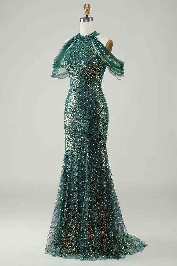 Sparkly Dark Green Sequin Mermaid Long Prom Dress Simple gentle atmospheric and unique design