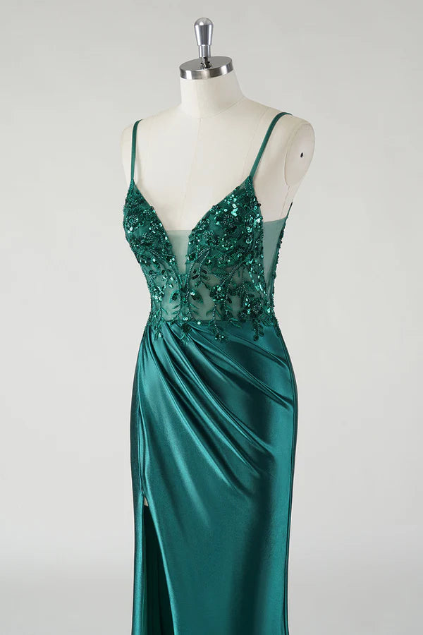 Sparkly Dark Green Spaghetti Straps Ruched Mermaid Prom Dress with Slit simple gentle atmospheric and unique desi Bring summer colors to enhance whiteness