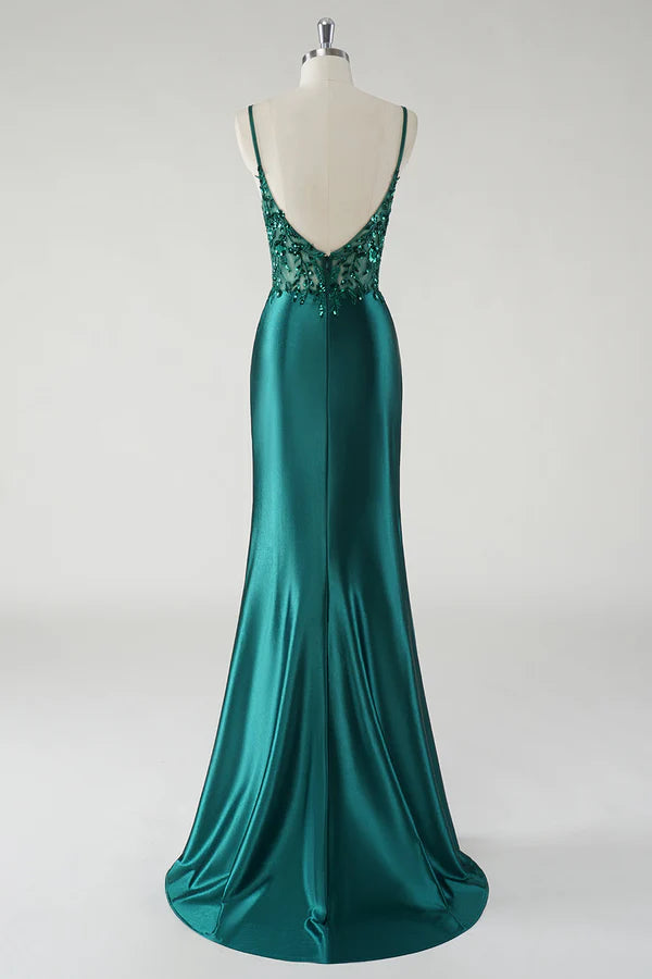 Sparkly Dark Green Spaghetti Straps Ruched Mermaid Prom Dress with Slit simple gentle atmospheric and unique desi Bring summer colors to enhance whiteness