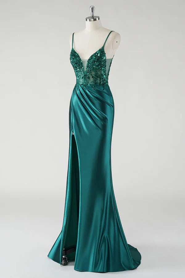 Sparkly Dark Green Spaghetti Straps Ruched Mermaid Prom Dress with Slit simple gentle atmospheric and unique desi Bring summer colors to enhance whiteness