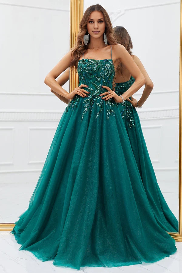 Sparkly Dark Green Tulle Long Prom Dress with Appliques Simple gentle atmospheric and unique design