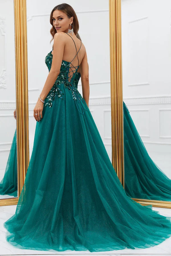 Sparkly Dark Green Tulle Long Prom Dress with Appliques Simple gentle atmospheric and unique design