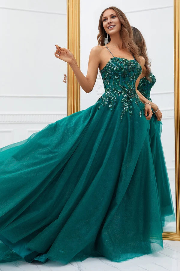 Sparkly Dark Green Tulle Long Prom Dress with Appliques Simple gentle atmospheric and unique design