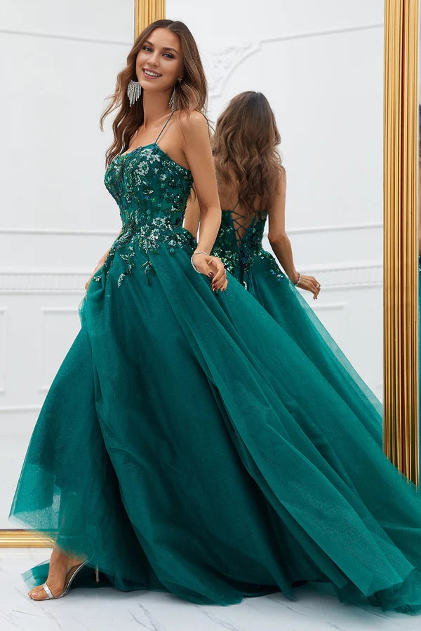 Sparkly Dark Green Tulle Long Prom Dress with Appliques Simple gentle atmospheric and unique design