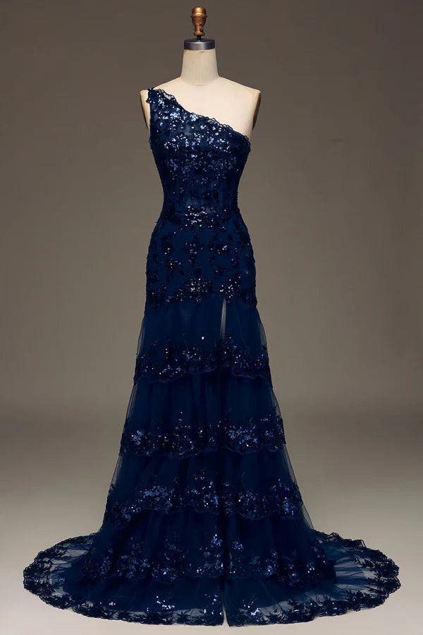 Sparkly Dark Navy Tiered Lace One Shoulder Long Prom Dress with Slit Simple gentle atmospheric and unique desig