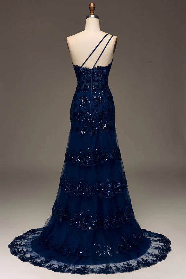 Sparkly Dark Navy Tiered Lace One Shoulder Long Prom Dress with Slit Simple gentle atmospheric and unique desig