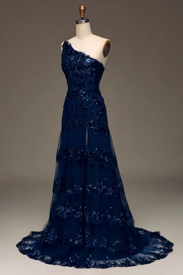 Sparkly Dark Navy Tiered Lace One Shoulder Long Prom Dress with Slit Simple gentle atmospheric and unique desig
