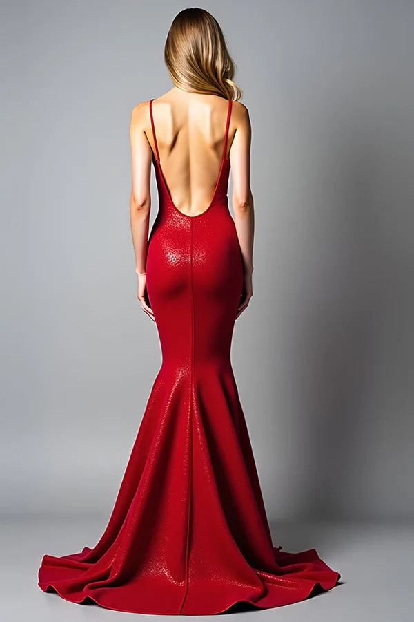 Sparkly Dark Red Mermaid Backless Long Prom Dress simple gentle atmospheric and unique desi Bring summer colors to enhance whiteness