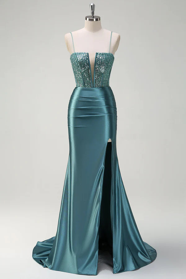 Sparkly Dusty Green Mermaid Spaghetti Straps Beaded Long Prom Dress with Slit simple gentle atmospheric and unique desi