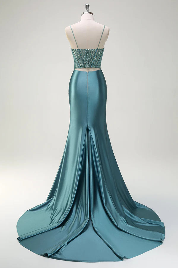 Sparkly Dusty Green Mermaid Spaghetti Straps Beaded Long Prom Dress with Slit simple gentle atmospheric and unique desi