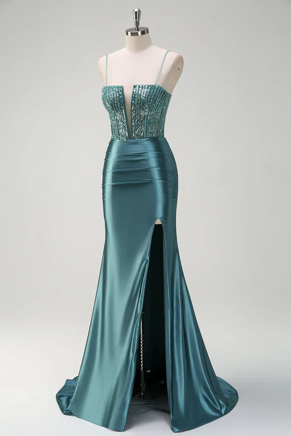 Sparkly Dusty Green Mermaid Spaghetti Straps Beaded Long Prom Dress with Slit simple gentle atmospheric and unique desi