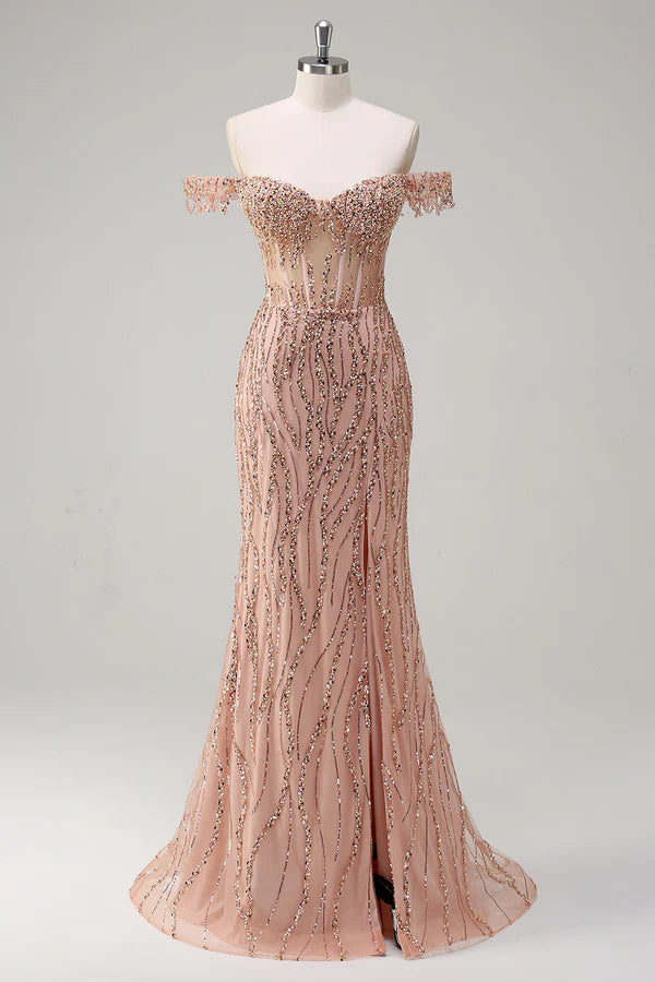 Sparkly Dusty Rose Mermaid Off the Shoulder Long Prom Dress with Slit simple gentle atmospheric and unique desi Bring summer colors to enhance whiteness