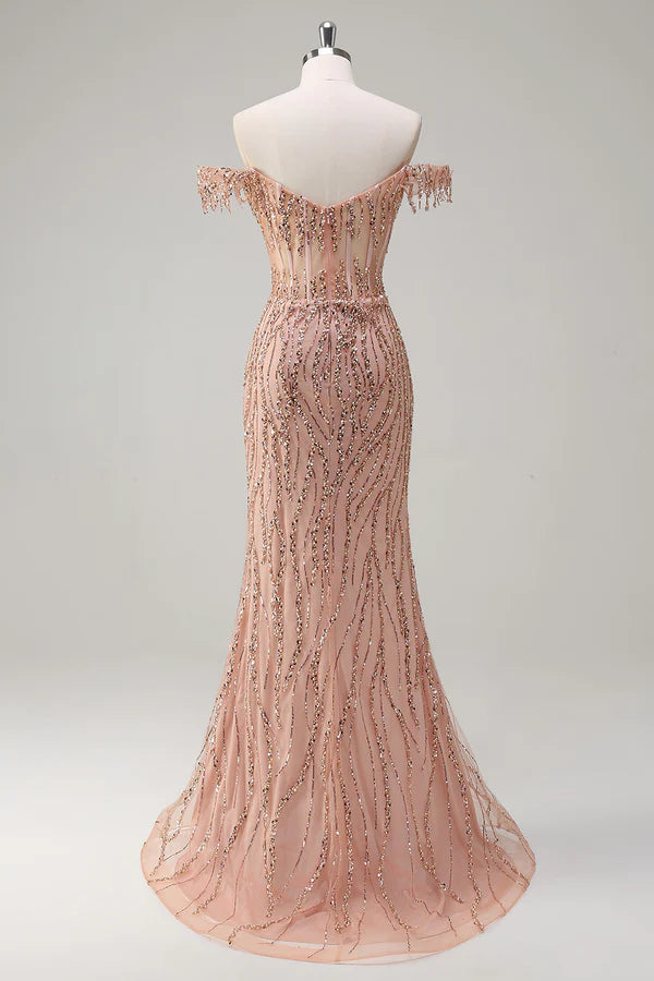 Sparkly Dusty Rose Mermaid Off the Shoulder Long Prom Dress with Slit simple gentle atmospheric and unique desi Bring summer colors to enhance whiteness