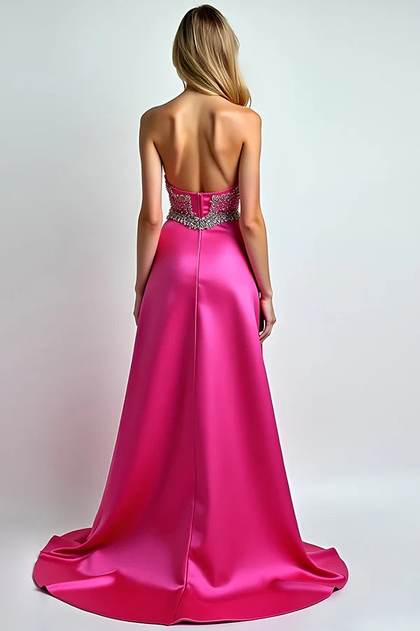 Sparkly Fuchsia A Line Sequin Sweetheart Long Prom Dress With Slit simple gentle atmospheric and unique desi Bring summer colors to enhance whiteness