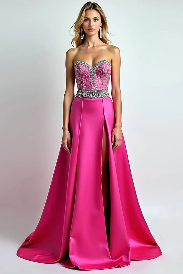 Sparkly Fuchsia A Line Sequin Sweetheart Long Prom Dress With Slit simple gentle atmospheric and unique desi Bring summer colors to enhance whiteness