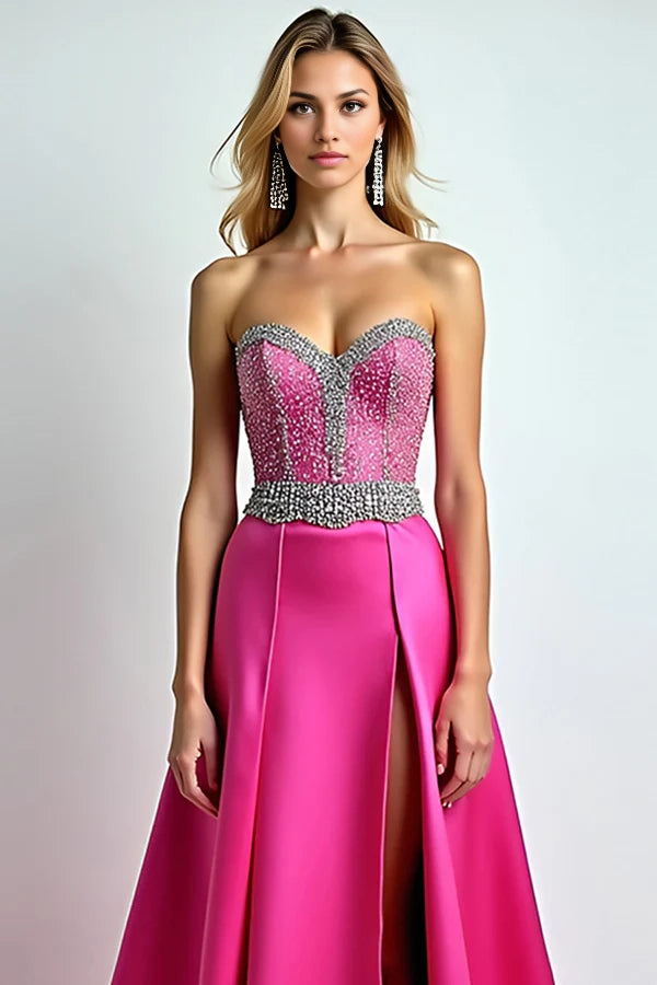 Sparkly Fuchsia A Line Sequin Sweetheart Long Prom Dress With Slit simple gentle atmospheric and unique desi Bring summer colors to enhance whiteness