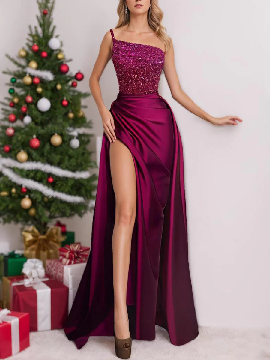 Sparkly Fuchsia Floor Length Evening Gown with Split simple gentle atmospheric and unique desi Bring summer colors to enhance whiteness