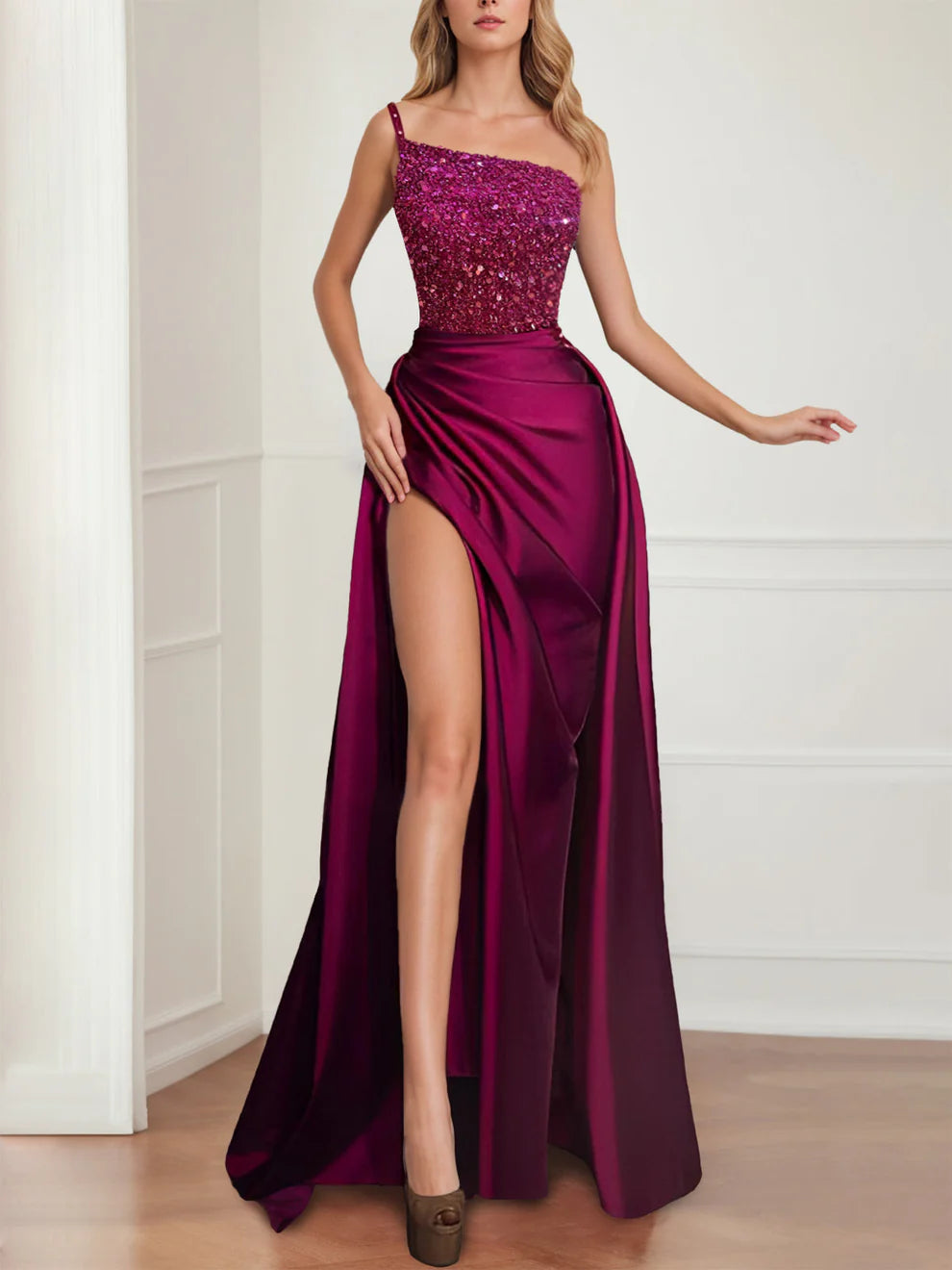 Sparkly Fuchsia Floor Length Evening Gown with Split simple gentle atmospheric and unique desi Bring summer colors to enhance whiteness