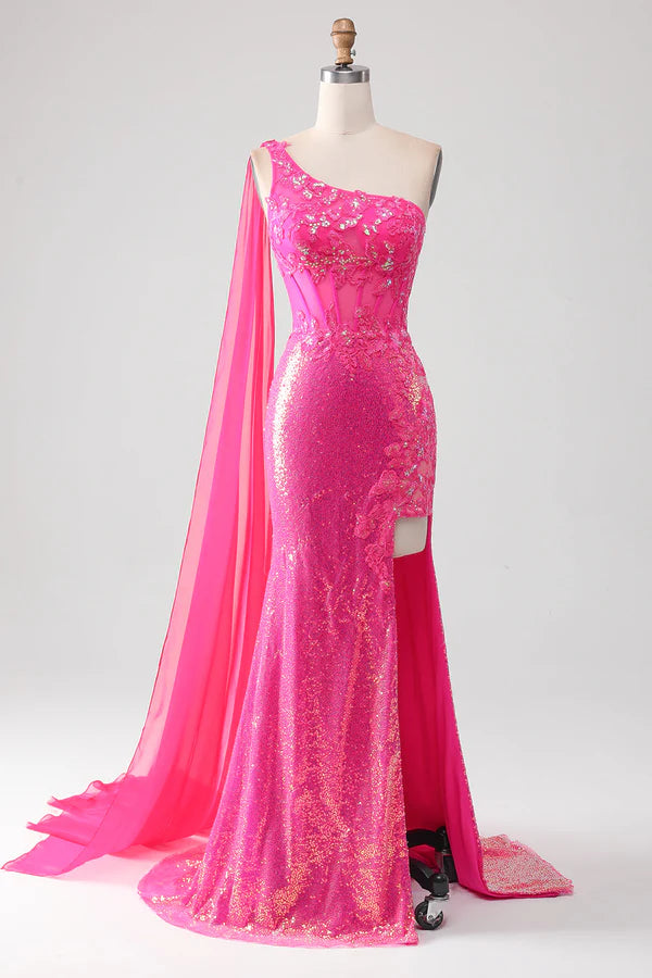 Sparkly Fuchsia Mermaid One Shoulder Appliques Prom Dress With Slit simple gentle atmospheric and unique desi