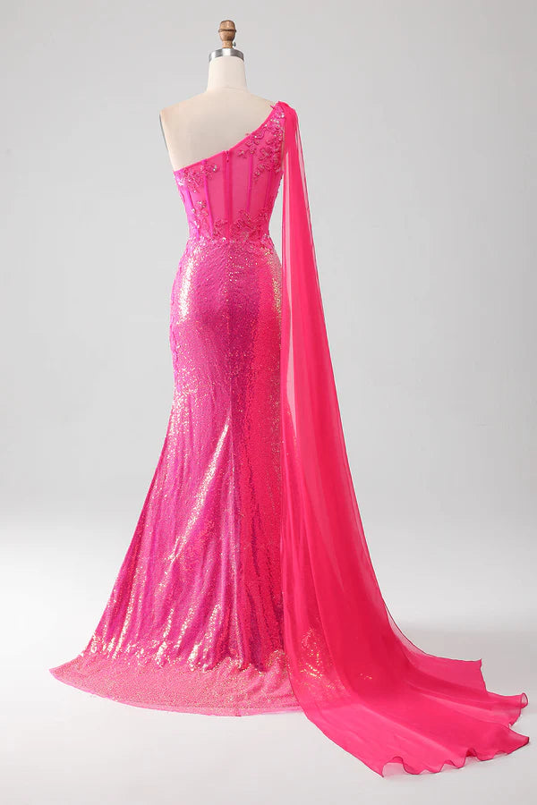Sparkly Fuchsia Mermaid One Shoulder Appliques Prom Dress With Slit simple gentle atmospheric and unique desi